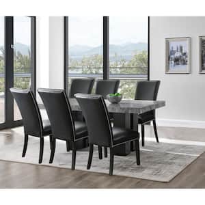 Camila Gray Marble 70 in. Rectangle Dining Set 7-Pieces with 6-Black Upholstered Side Chair
