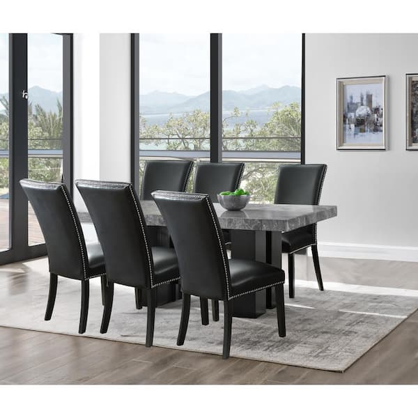 Steve Silver Camila Gray Marble 70 in. Rectangle Dining Set 7-Pieces with 6-Black Upholstered Side Chair