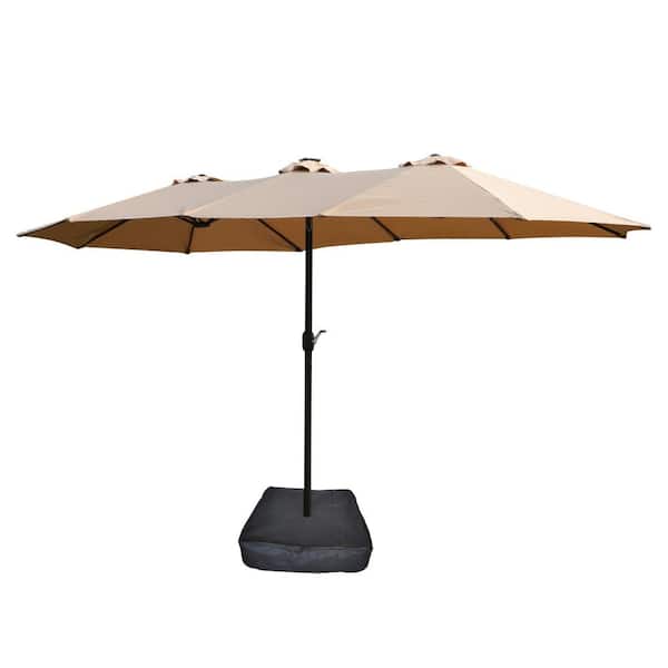 Sudzendf 15 ft. x 9 ft. Taupe Large Double-Sided Rectangular Outdoor Market Patio Umbrella with Light and Base