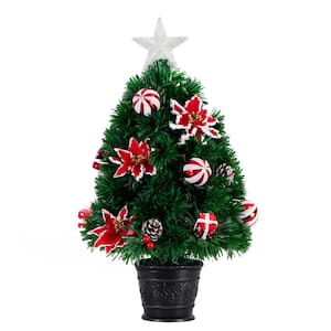 24 in. Pre-Lit Fiber Optic Artificial Christmas Tree with Ornaments, Poinsettia and Star Topper