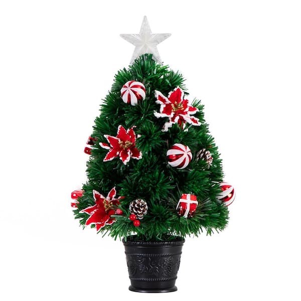 Nearly Natural 24 in. Pre-Lit Fiber Optic Artificial Christmas Tree with Ornaments, Poinsettia and Star Topper