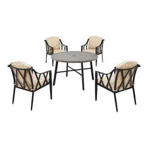 Harmony Hill 5-Piece Black Steel Outdoor Patio Dining Set with CushionGuard Toffee Trellis Tan Cushions