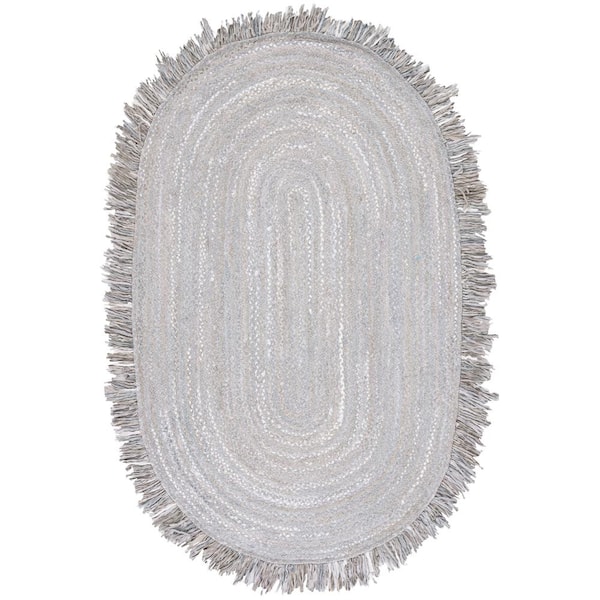Braided Light Gray Doormat 3 ft. x 5 ft. Striped Solid Color Oval Area Rug