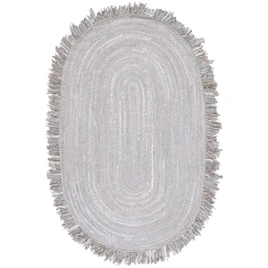 Braided Light Gray 5 ft. x 8 ft. Striped Solid Color Oval Area Rug