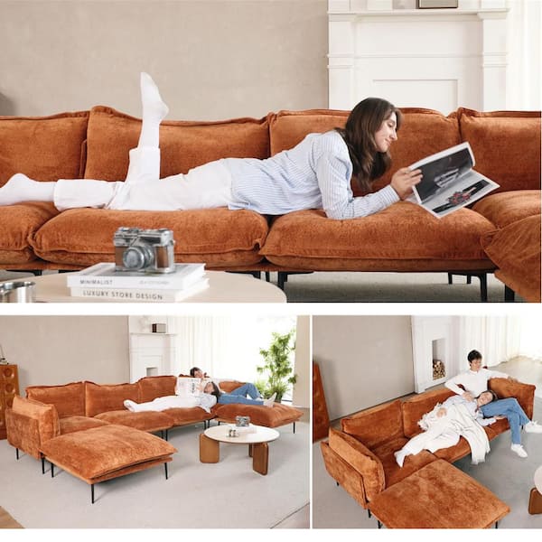 Robot Vacuum Friendly 111 in. 4-Seater Tapered Arm Velvet Modular Sectional Sofa Couch with Metal High Leg in Orange