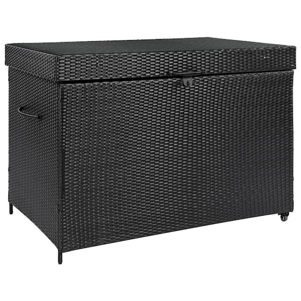 230 Gal. All-Weather Black Rattan Wicker Deck Box with Wheels for Patio Furniture, Cushions and Garden Tools