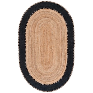 Natural Fiber Beige/Black Doormat 3 ft. x 5 ft. Border Woven Oval Area Rug