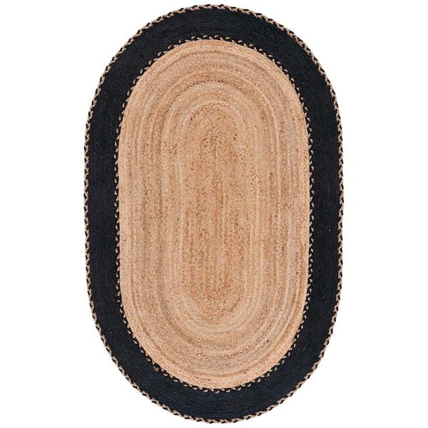 SAFAVIEH Natural Fiber Beige/Black Doormat 3 ft. x 5 ft. Border Woven Oval Area Rug