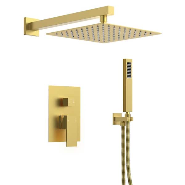 Single-Handle Rain 2-Spray Square 10 in. Dual Shower Head Fixed and Handheld Shower Head in Brushed Gold