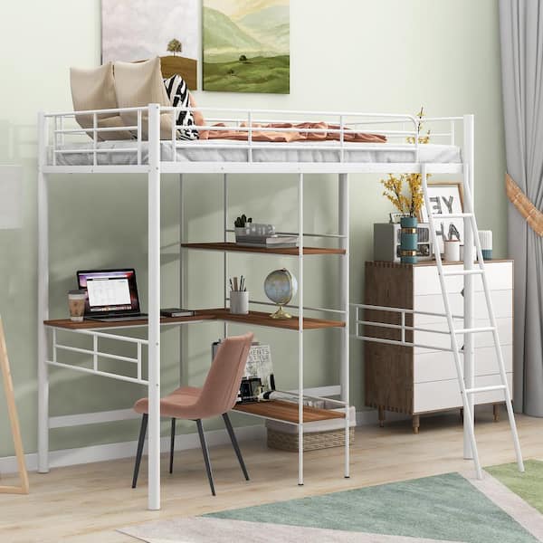 Qualler White Metal Twin Loft Bed with Built-in-Desk and 3-tier Shelves ...