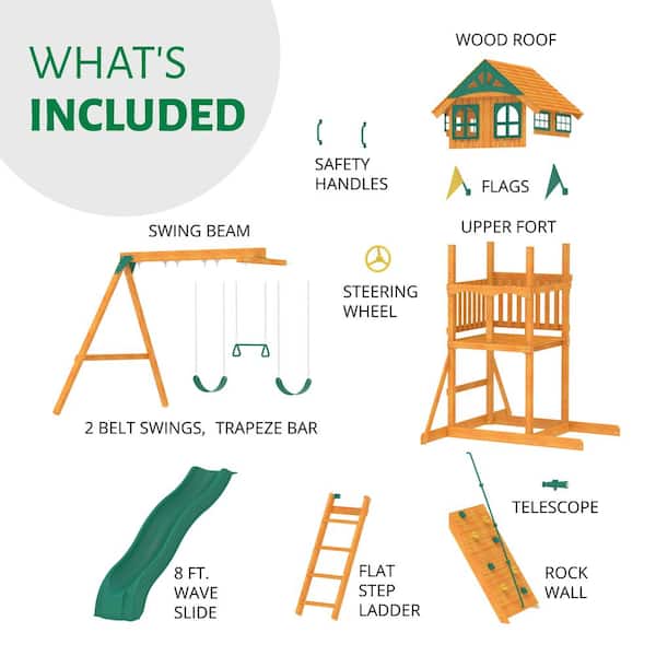 Professionally Assembled Outing III Kids Outdoor Playground Set with Wood Roof, Slide, Sandbox, Rock Wall, and Swing Set
