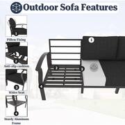 7-Piece Aluminum Patio Conversation Set with Armrest, 55000 BTU Firepit Table and Black Cushions