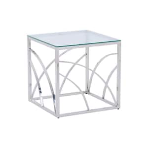 21.6 in. Silver Large Square Glass End Table Outdoor Coffee Table with Glass Top