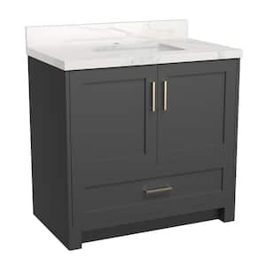 36 in. W x 22 in. D x 35 in. H Single Sink Freestanding Bath Vanity in Gray with White Carrara Marble Top and Basin