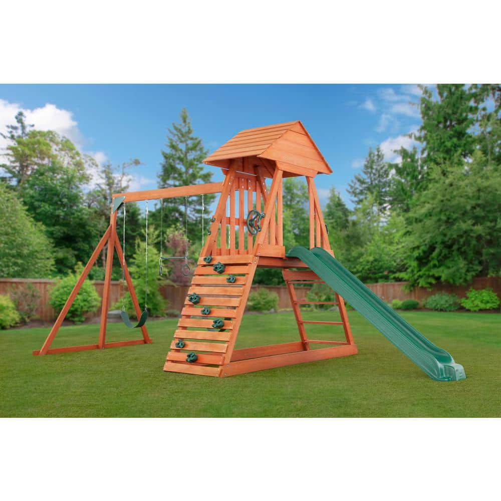 Cedar Chalet Wooden Playset with Slide, Swings, and Fort