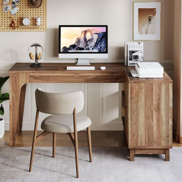 BYBLIGHT Moronia 57 in. Walnut Wood L-Shaped Desk, Computer Desk