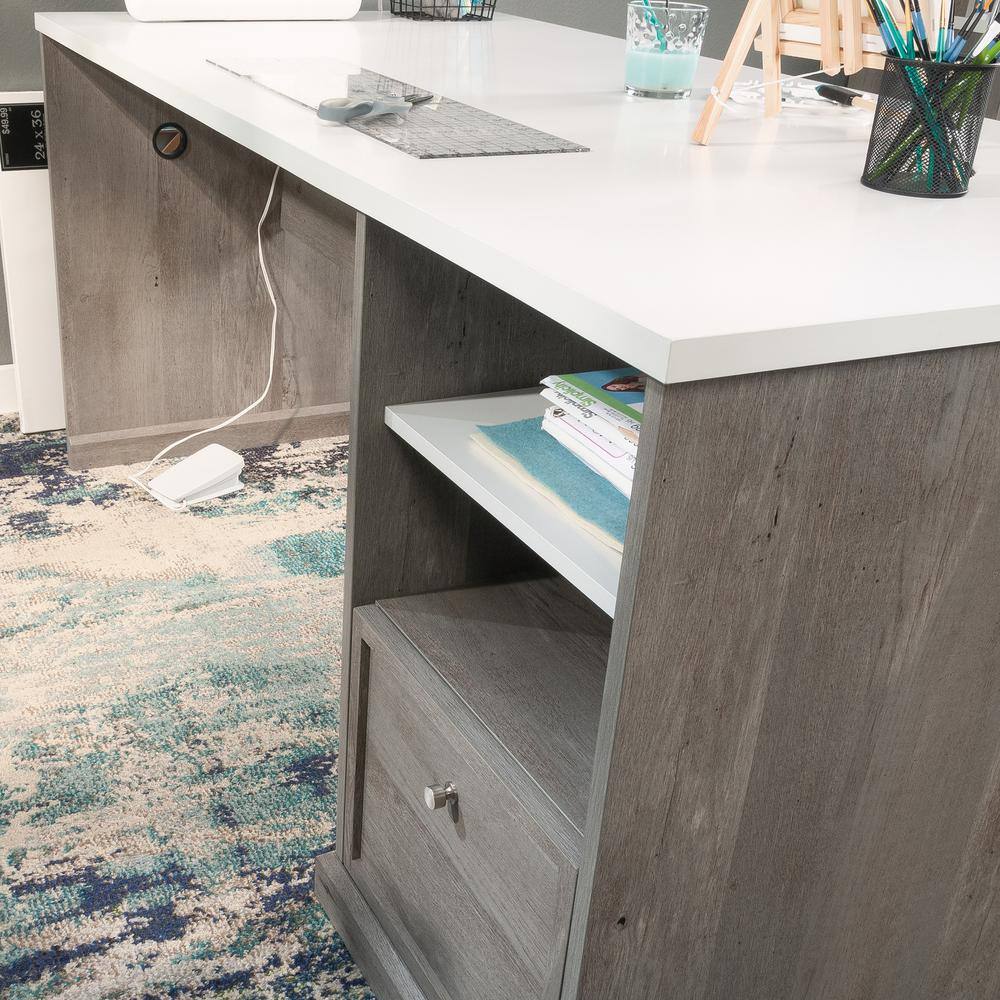 Mystic Oak and White Craft Table with Drawer and Power Outlet
