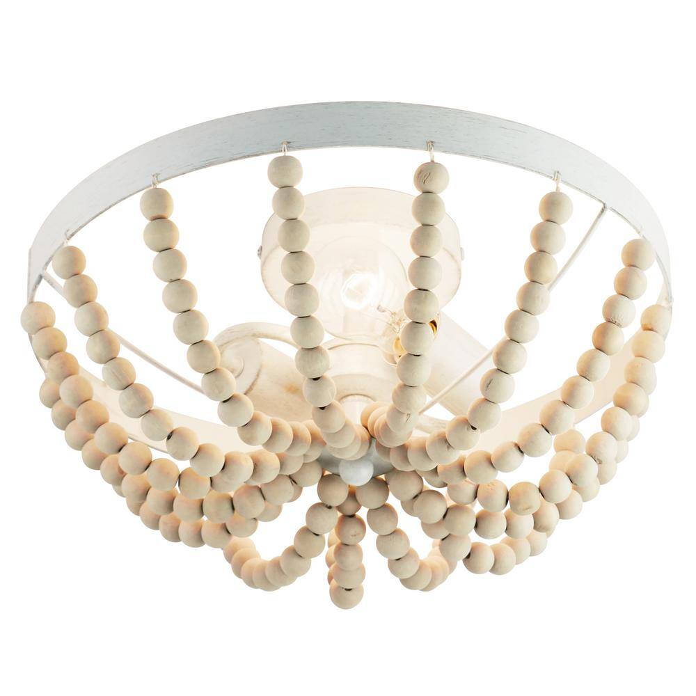 Bohemian 17" White Glass Bowl Semi-Flush Mount with Wooden Beads