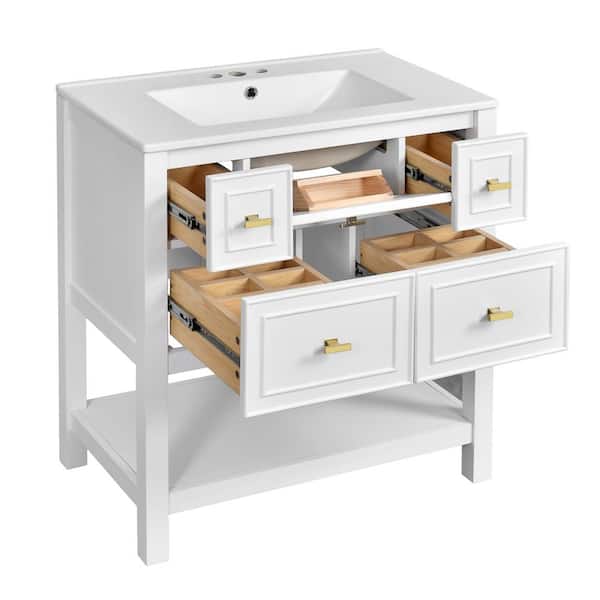 30 in. W Single Sink Freestanding Bath Vanity in White with White Ceramic Top and (5-Drawers)