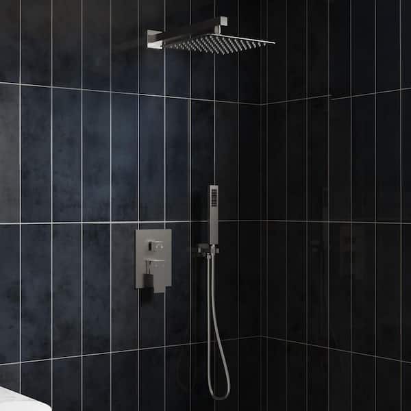 GRANDJOY ClassicRain Square Wall Mount 10 in. Single Handle 2-Spray Shower Faucet 2.5 GPM with Pressure Balance in Brushed Nickel