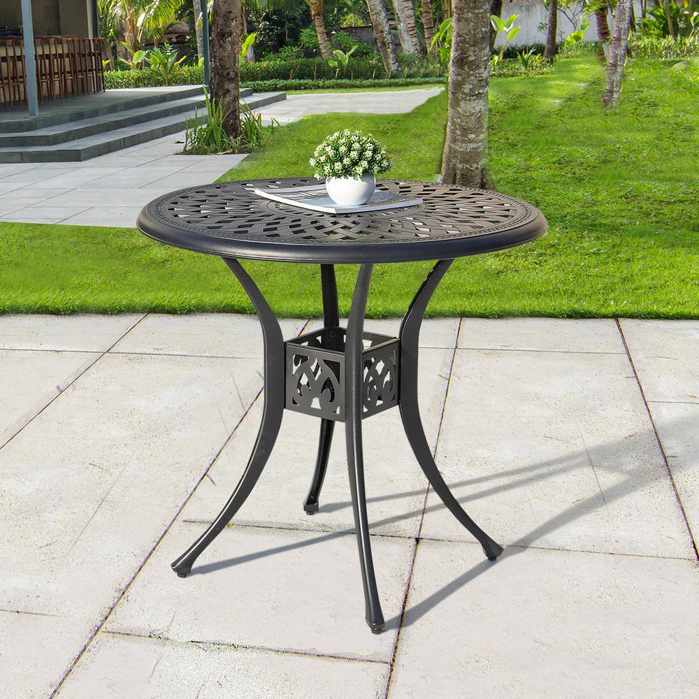 Nuu Garden 30 in. Black Round Aluminum Outdoor Bistro Round Aluminum Patio Table with Umbrella Hole in Black