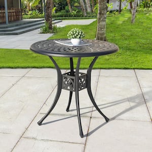 30 in. Black Round Aluminum Outdoor Bistro Round Aluminum Patio Table with Umbrella Hole in Black