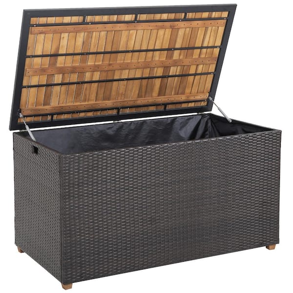 Outdoor 134 Gallon Rattan Storage Deck Box with Zippered Liner and Solid Acacia Wood Top