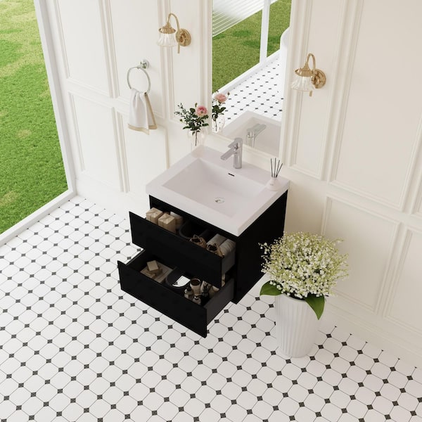 24 in. Single Sink Floating Glossy Black Bath Vanity with White Resin Top Assembled