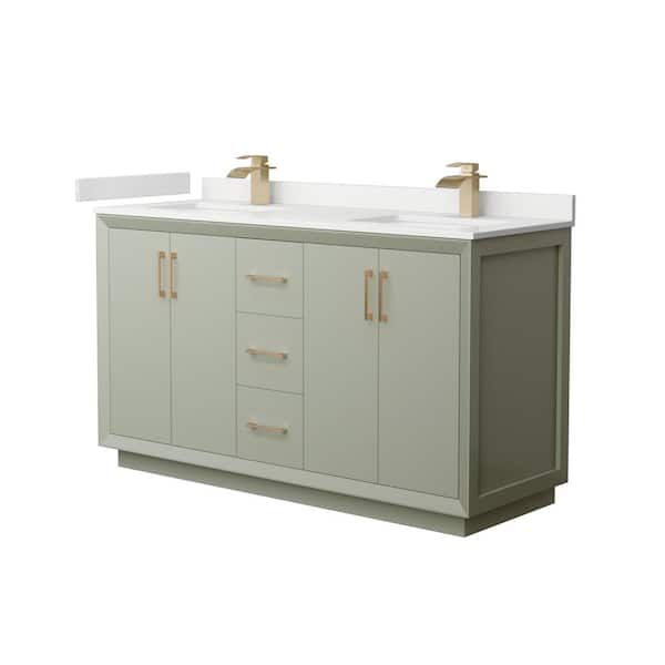 Wyndham Collection Strada 60 in. W x 22 in. D x 35 in. H Double Bath Vanity in Light Green with White Quartz Top