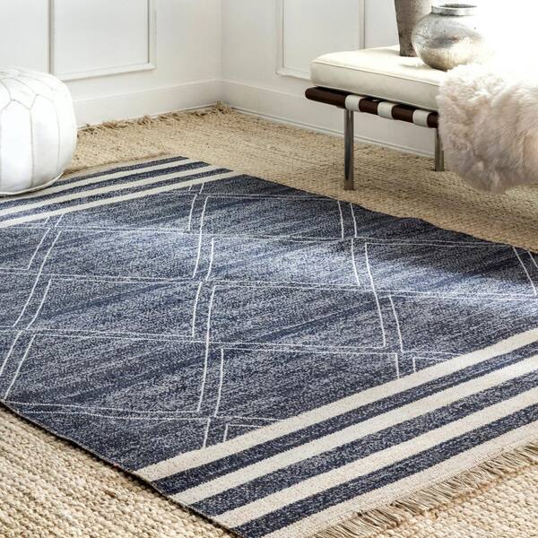 Black Navy Blue Grey Outdoor Rug for Patio/Deck/Porch, Non-Slip Large Area  Rug 5 x 8 Ft, Modern White Striped Geometric Art Indoor Outdoor Rugs