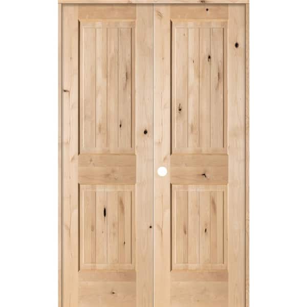 Krosswood Doors 48 in. x 80 in. Rustic Knotty Alder 2-Panel Sq-Top w/VG Right Hand Solid Core Wood Double Prehung Interior French Door