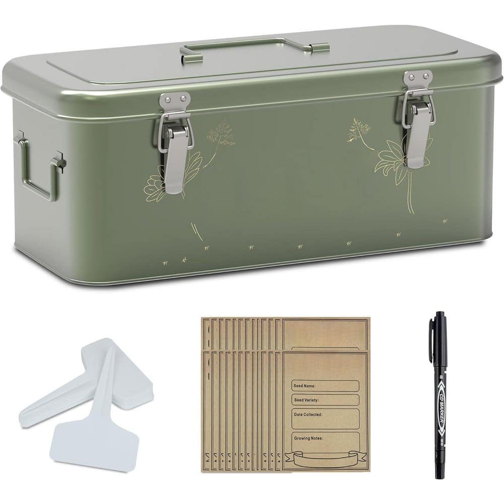 Phewnyzo Seed Storage Organizer Metal Box with Lid 4 Compartments Safety Locks w/ 30 Labels 30 Envelopes 1 Marker Blackish Green B28E136SA11