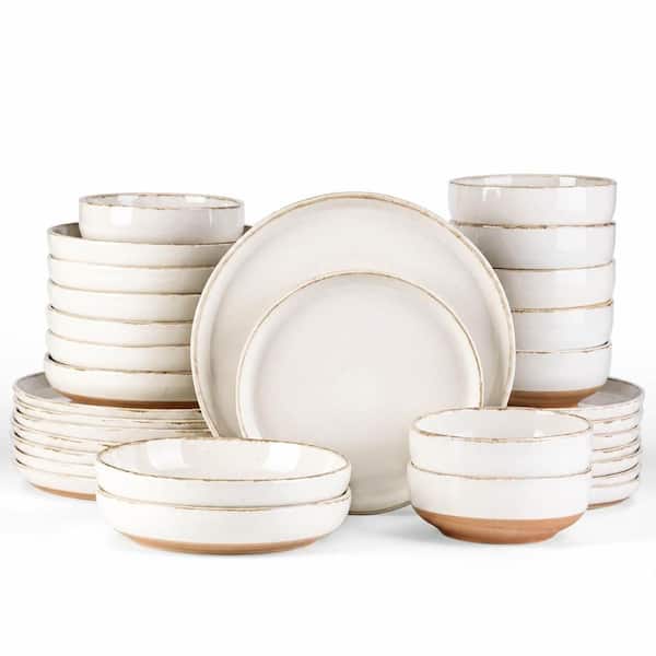 32-Piece Handpainted Terracotta Ceramic Scratch-Resistant Dinnerware Set with Wavy Rim, Service for 8