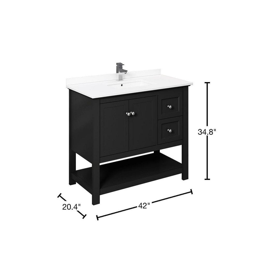 Elegant 42" Black Quartz Top Solid Wood Freestanding Vanity with Sink