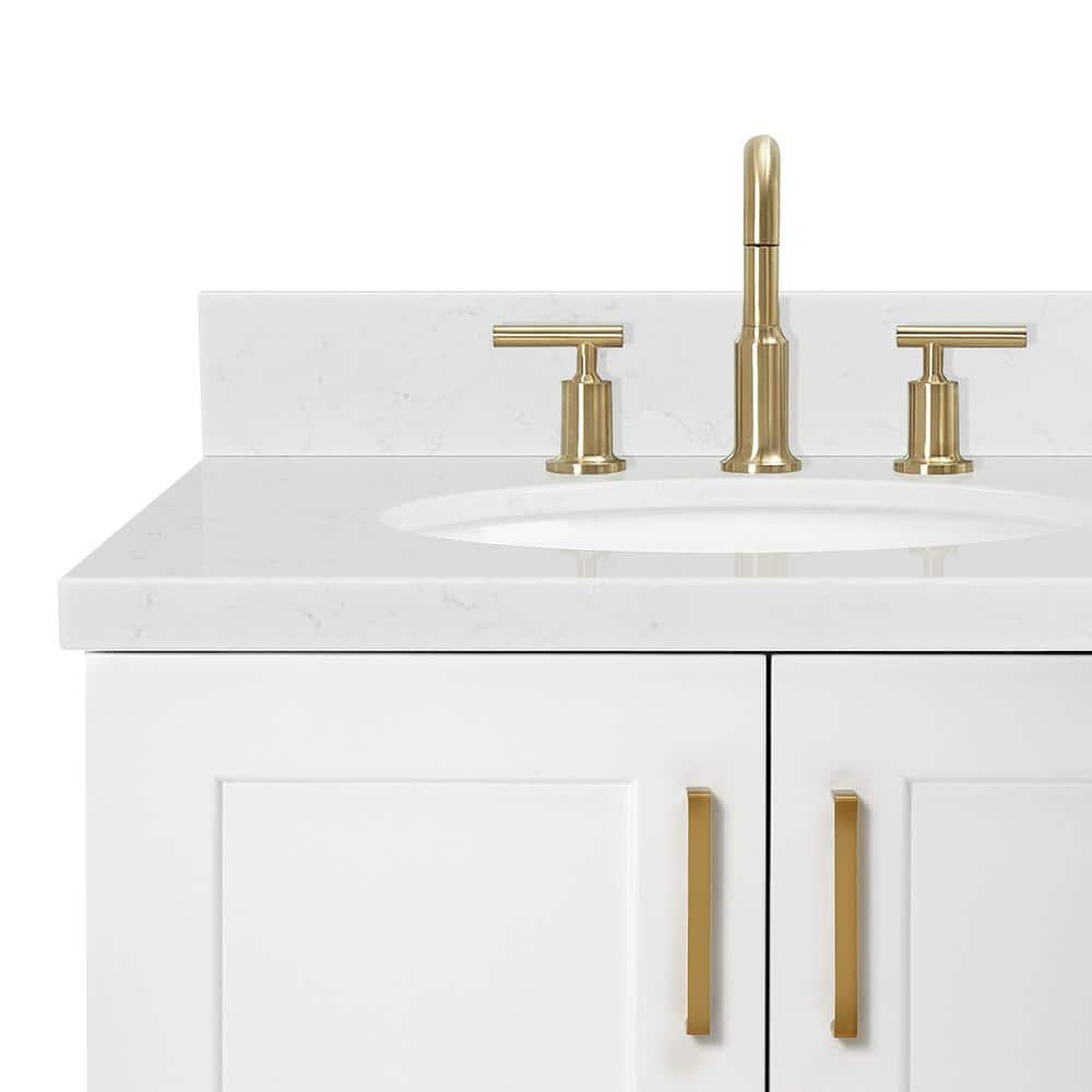 Taylor White Quartz Single Basin Freestanding Vanity with Gold Hardware