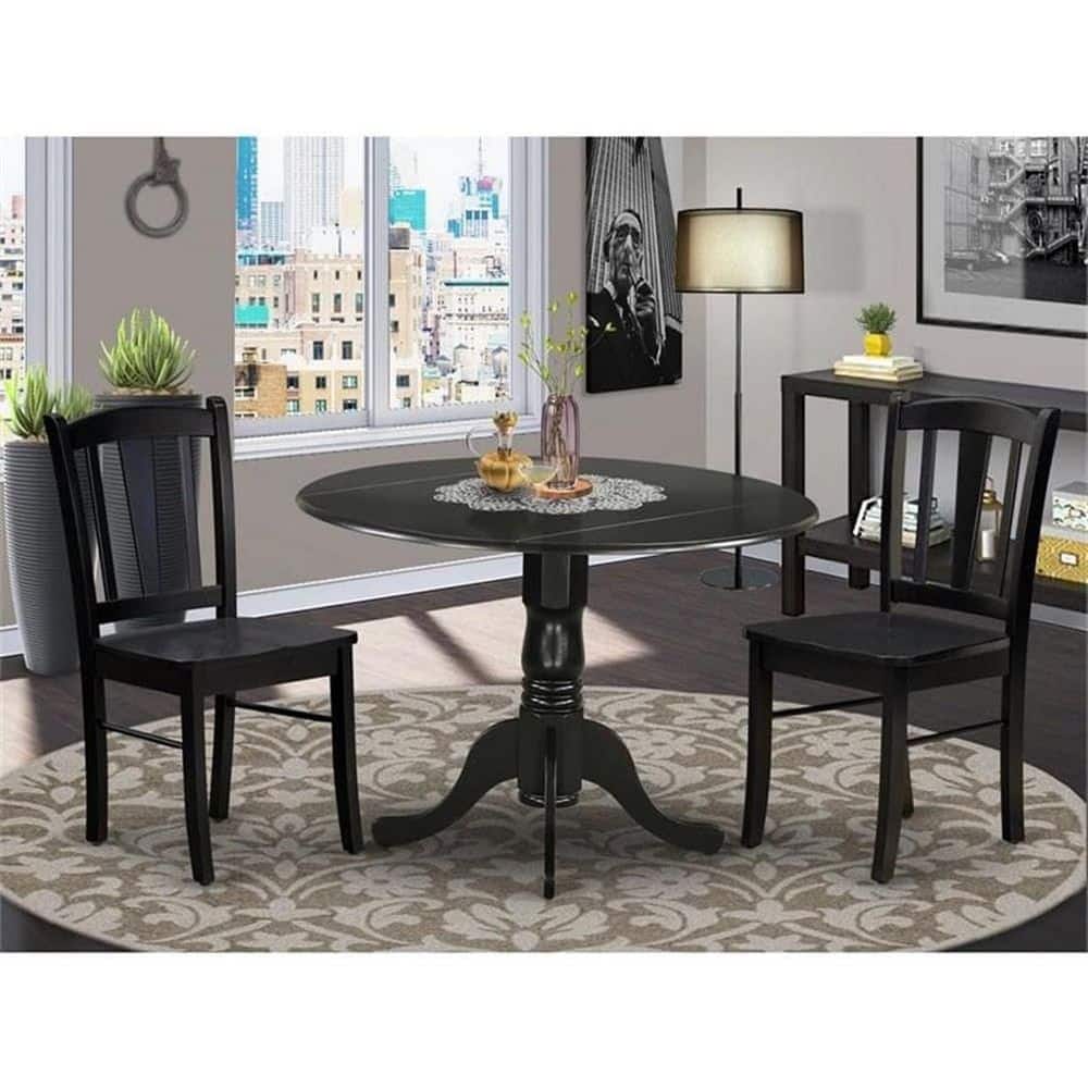 3-Piece Black Finish Solid Wood Top-Dining Room Set with Leaf-Seats-4