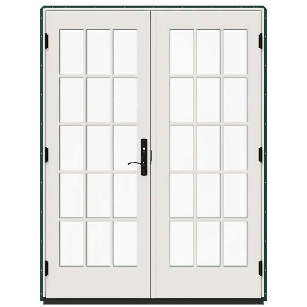 JELD-WEN 60 in. x 80 in. W-5500 Hartford Green Clad Wood Right-Hand 15-Lite French Patio Door with White Paint Interior