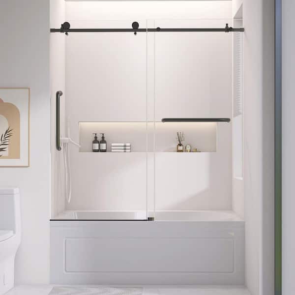 56 to 60 in. W x 60 in. H Frameless Single Sliding Tub Door in Matte Black Shower Panel with 1/4 in. Clear Glass