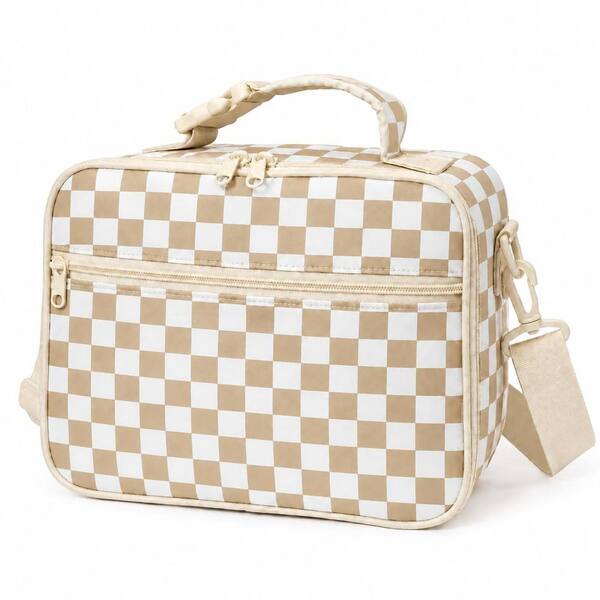 Khaki Checkered Reusable Lunch Bag Insulated Polyester with Adjustable Shoulder Strap for Work and School