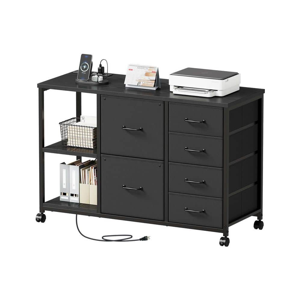 6 Drawer File Cabinet with Charging Station Open Storage Shelf Rolling Printer Stand Home Office Black product image for price tracking
