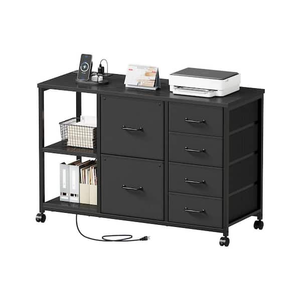6 Drawer File Cabinet with Charging Station Open Storage Shelf Rolling Printer Stand Home Office Black