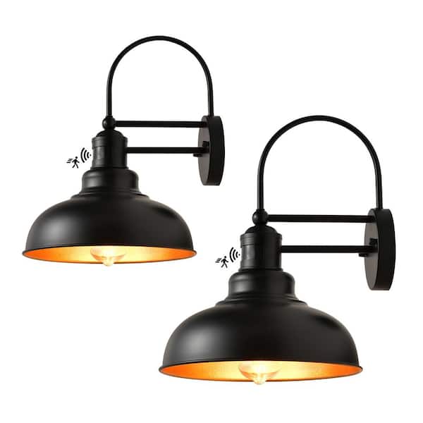 HKMGT 15.7 in. Gooseneck Black and Gold Motion Sensing Outdoor Hardwired Wall Barn Light Sconce with No Bulbs Included(2-Pack)