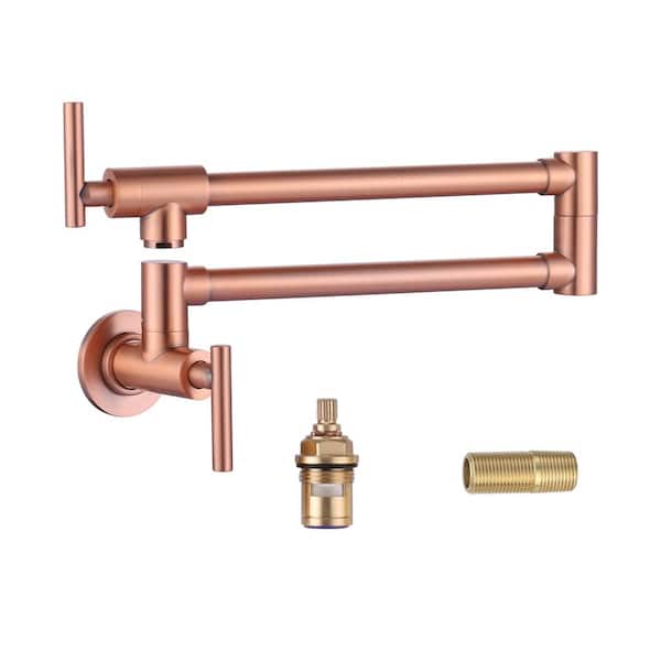 Brass Wall Mount Pot Filler with 2-Handles and Double Joint Swing Arms Folding Kitchen Faucet in Copper