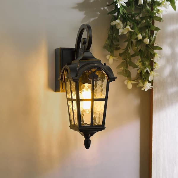 17.3 in. 1-Light Black Hardwired Outdoor Wall Lantern Sconce with Built-in GFCI Outlet Light 1-Pack