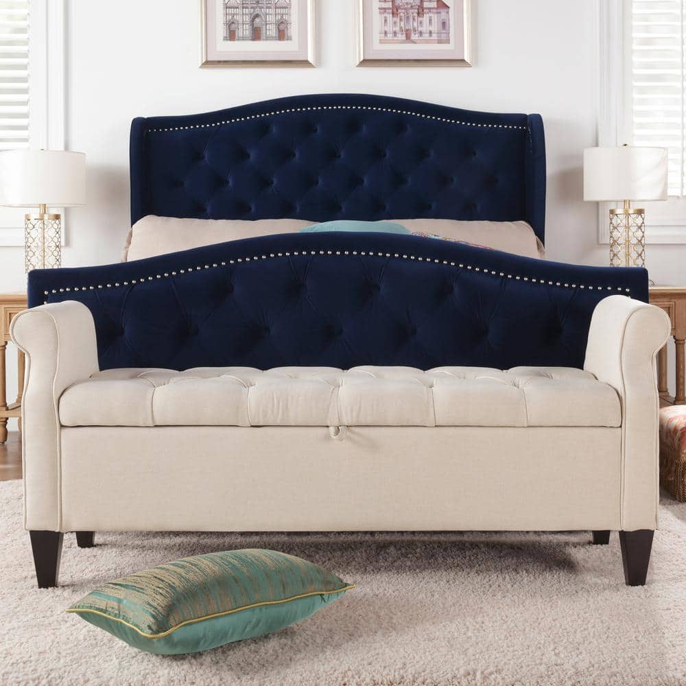 Jacqueline Sky Neutral Tufted Roll Arm Storage Bench