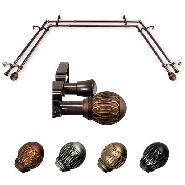 EMOH Yvaine 20-36 in. sides, 38-72 in. center Adjustable Bay Window Double Curtain Rod 13/16 in. in Cocoa with Finial
