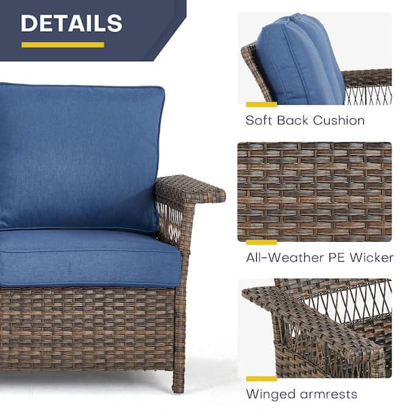 Brown 4-Piece Wicker Outdoor Patio Rectangular Fire Pit Conversation Set, Sofa Seating Set with Navy Blue Cushions