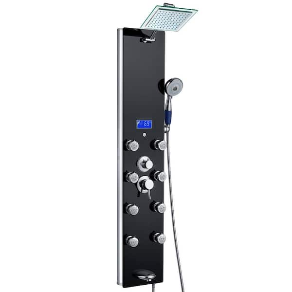 AKDY 52 in. 8-Jet Shower Panel System in Black Tempered Glass with Rainfall Shower Head, LED Display, Handshower, Tub Spout