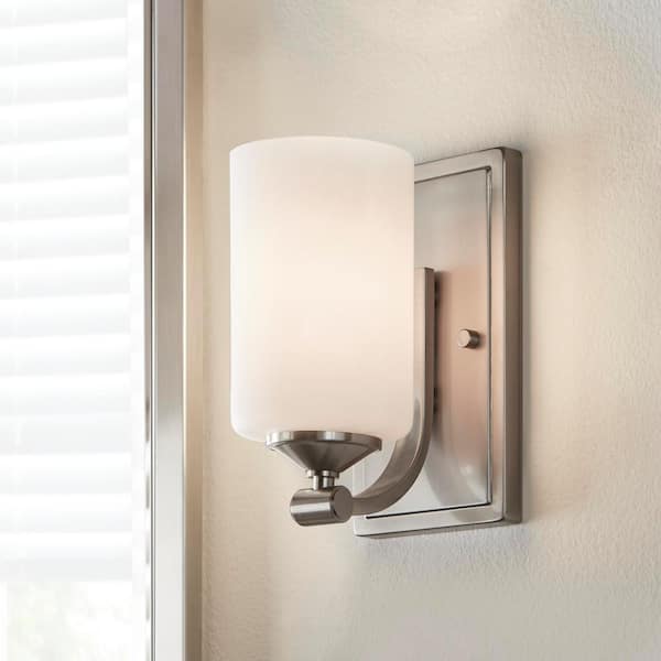 Darlington 4.5 in. 1-Light Brushed Nickel Transitional Wall Sconce with Frosted Opal Glass Shade