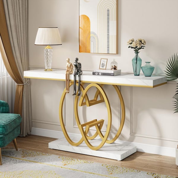 BYBLIGHT Turrella 56 in. Gold Rectangle Wood Console Table with Storage, Modern Entryway Table Narrow Sofa Hallway Table